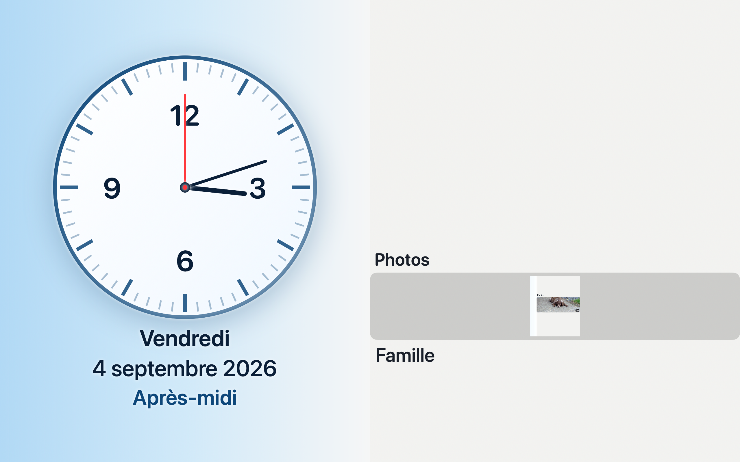 Kiosque de jour : grande horloge analogique, date du vendredi 4 septembre, mention Après-midi, diaporama photos à droite.