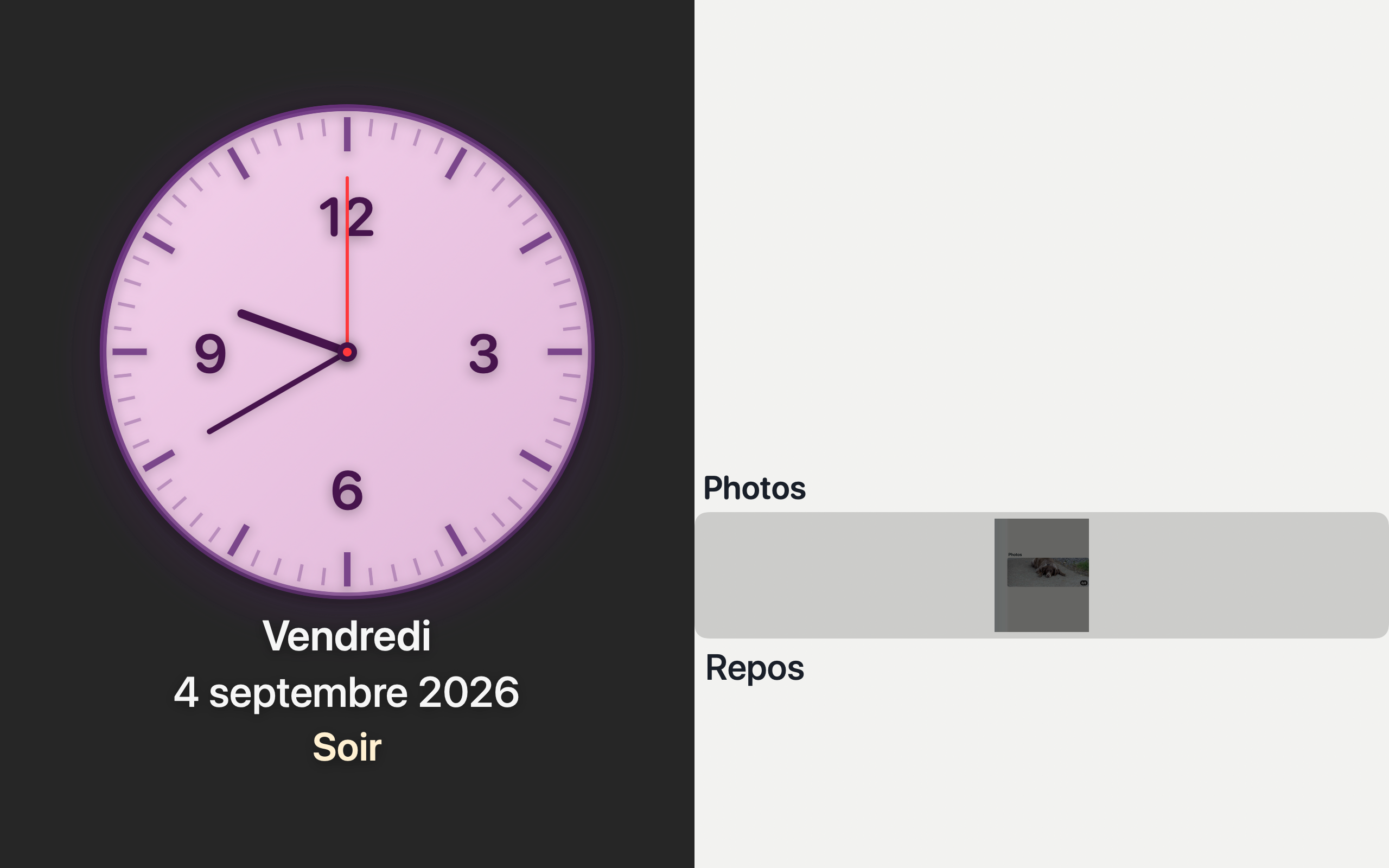 Kiosque en soirée : fond sombre, horloge lisible, mention Soir, diaporama atténué à droite — période de repos.